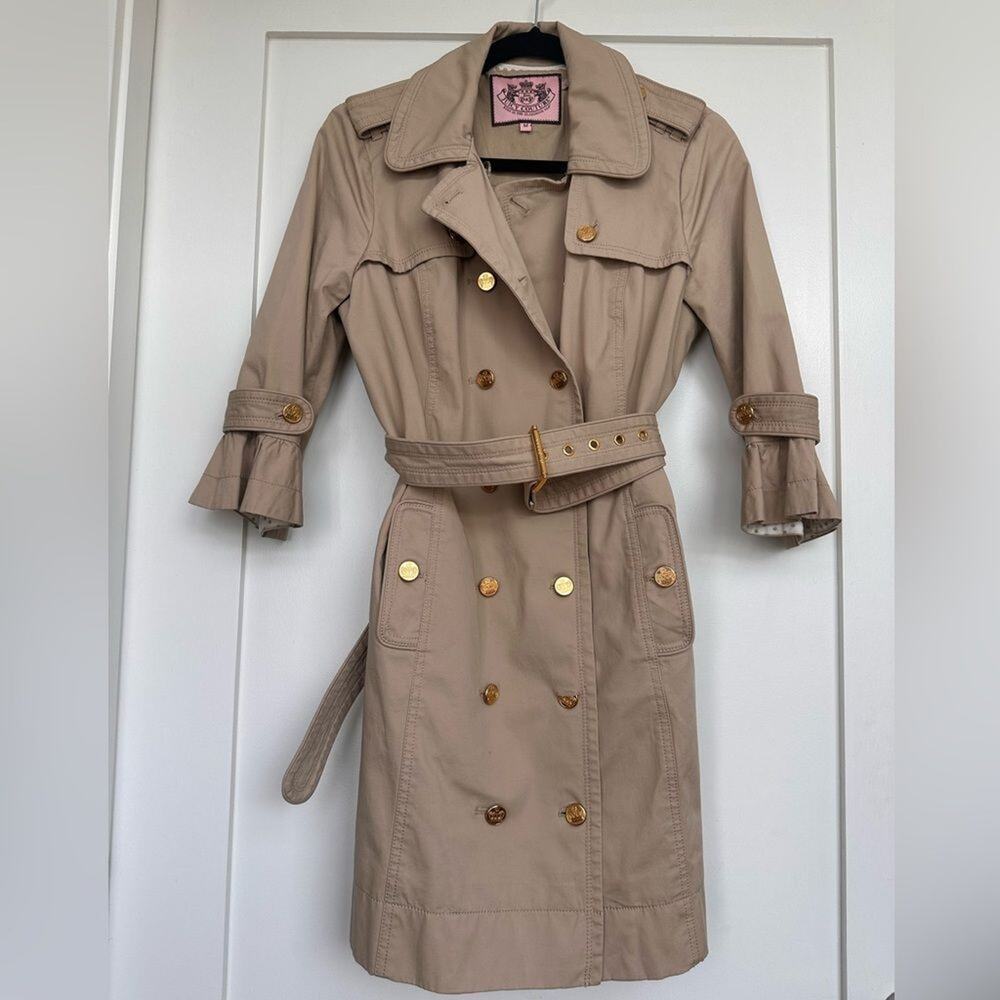 Juicy Couture Camel Cotton Twill Trench Coat Belted Size M - Picture 3 of 8